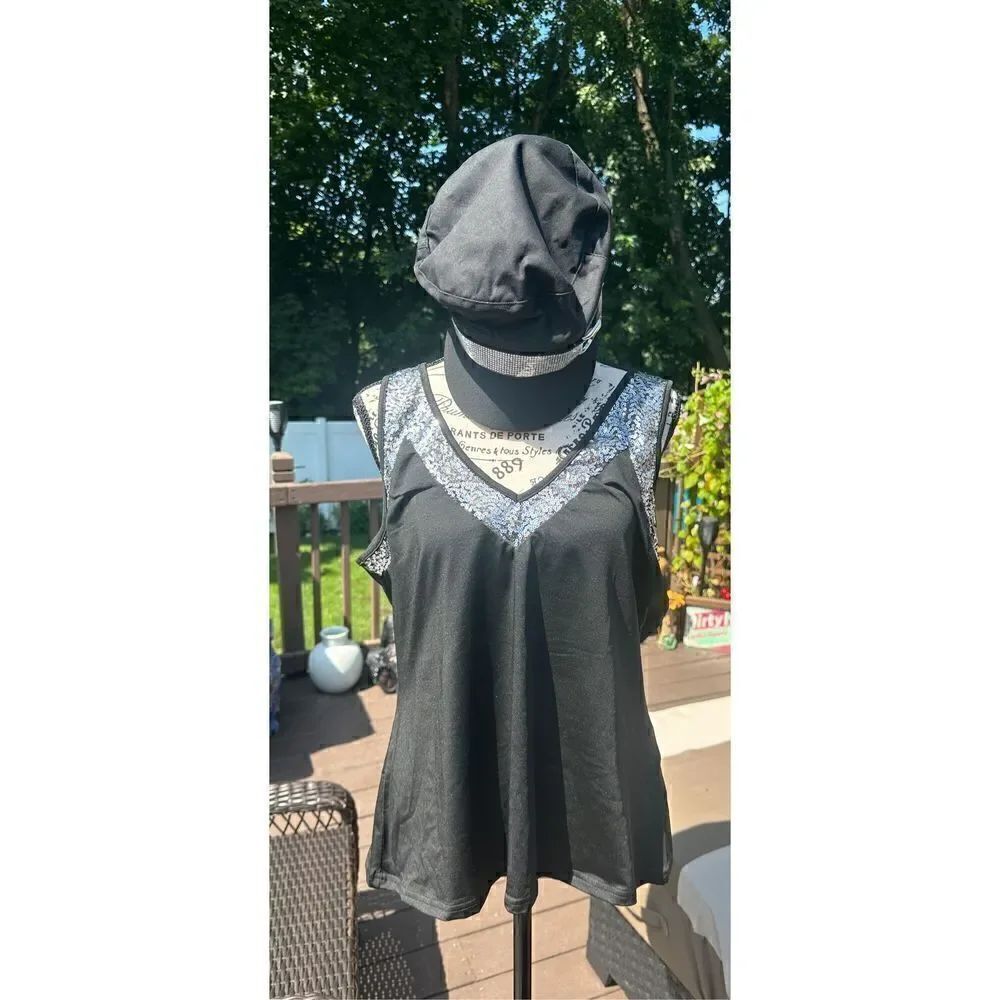 Black and rhinestone sleeveless top with matching hat or can Sell separately.